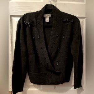 Petite Sweater Vintage Black Silk Angora Lambswool Beaded Surplice Small Med fit